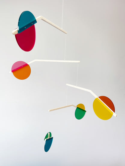 Matt Retro Rainbow Kinetic Mobile Sculpture Mid Century Modern Art, Adult & Baby Mobile. Matt Acrylic Abstract Art Hanging Mobile - Prism The Illuminist
A Wooden and colourful matt acrylic mobile. Influenced by Calder mobiles and the mid-century modern movement. A beautiful piece of cantilever hanging art.