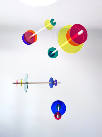 XXL Hanging Kinetic Mobile Sculpture. Large Rainbow Acrylic Perspex Mid-Century Modern Art Mobile. Mondrian Bauhaus Giant Eclipse The Illuminist Giant Eclipse Adult Mobile. A stunning mobile piece of hanging kinetic art. Mobile for adults Focal Point