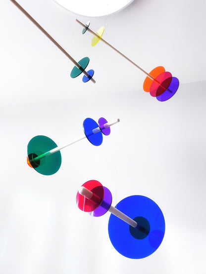 XXL Hanging Kinetic Mobile Sculpture. Large Rainbow Acrylic Perspex Mid-Century Modern Art Mobile. Mondrian Bauhaus Giant Eclipse The Illuminist Giant Eclipse Adult Mobile. A stunning mobile piece of hanging kinetic art. Mobile for adults Focal Point