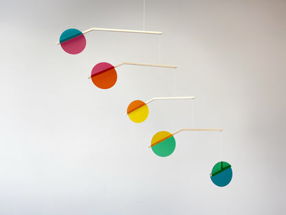 Matt Retro Rainbow Kinetic Mobile Sculpture Mid Century Modern Art, Adult & Baby Mobile. Matt Acrylic Abstract Art Hanging Mobile - Prism The Illuminist
A Wooden and colourful matt acrylic mobile. Influenced by Calder mobiles and the mid-century modern movement. A beautiful piece of cantilever hanging art.