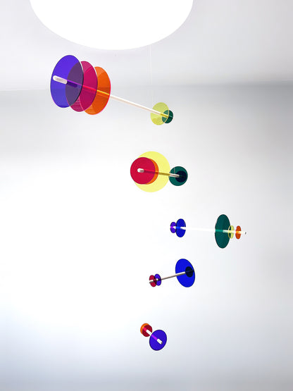 XXL Hanging Kinetic Mobile Sculpture. Large Rainbow Acrylic Perspex Mid-Century Modern Art Mobile. Mondrian Bauhaus Giant Eclipse The Illuminist Giant Eclipse Adult Mobile. A stunning mobile piece of hanging kinetic art. Mobile for adults Focal Point