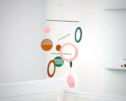 Boho crib and baby mobile - Luna The Illuminist - blush pink green and rust orange - Kinetic Mobile Kinetic Art Sculpture Crib Mobile nursery Mobile Nursery Mobile Art Mid Century Art  Mid Century modern mobiles for adults furniture and decor Hanging