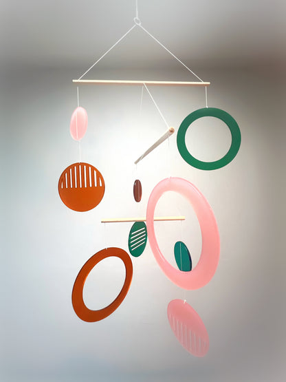 Boho crib and baby mobile - Luna The Illuminist - blush pink green and rust orange - Kinetic Mobile Kinetic Art Sculpture Crib Mobile nursery Mobile Nursery Mobile Art Mid Century Art  Mid Century modern mobiles for adults furniture and decor Hanging